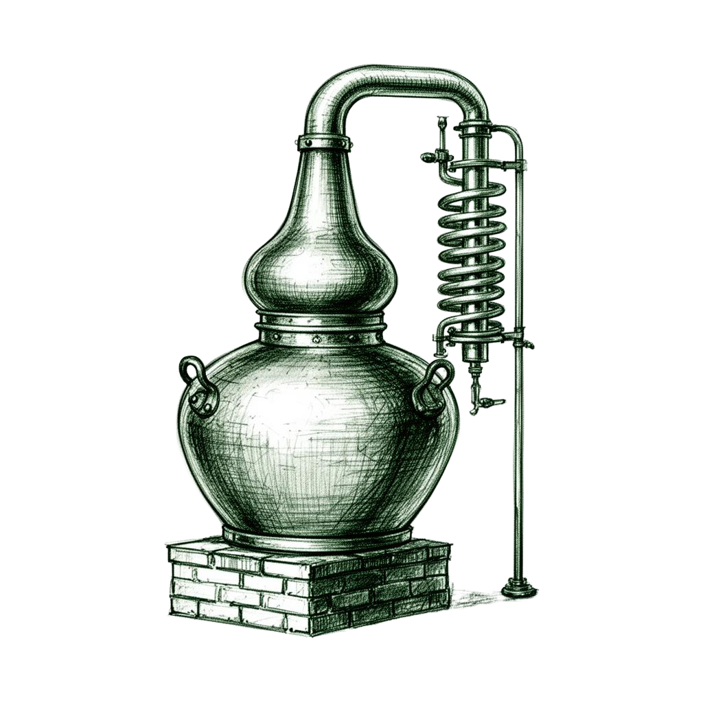 Hand-drawn sketch of a copper distillation still