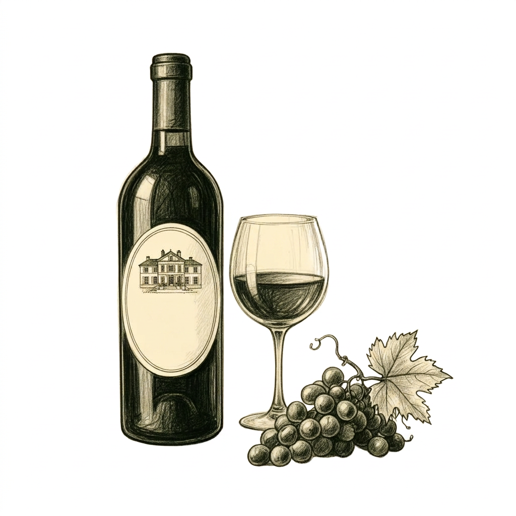 Sketch of a wine bottle, glass, and grapes